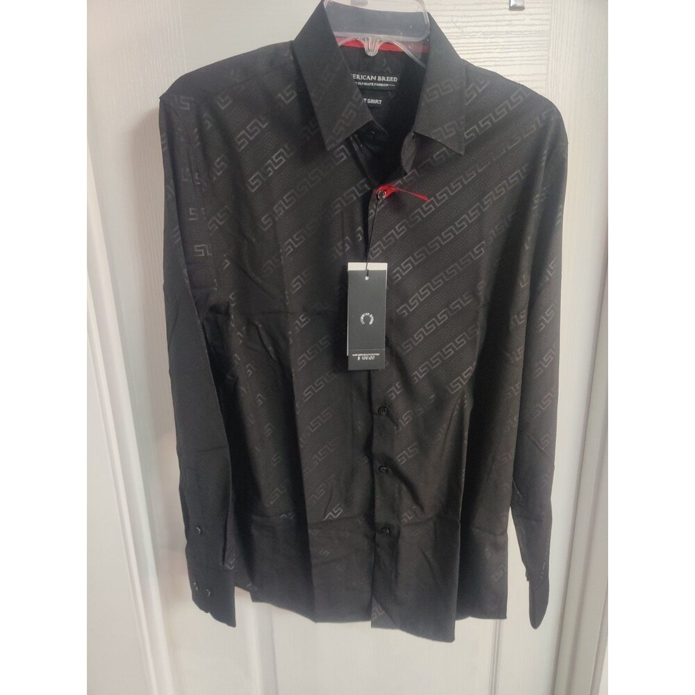 American Breed Men's Cotton Black Geometric‎ Logo Dress Shirt L 16 34/35
